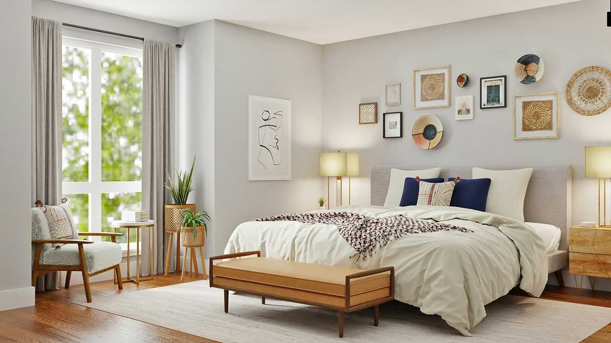 helles schlafzimmer viel wanddeko warm holz natur.jpg