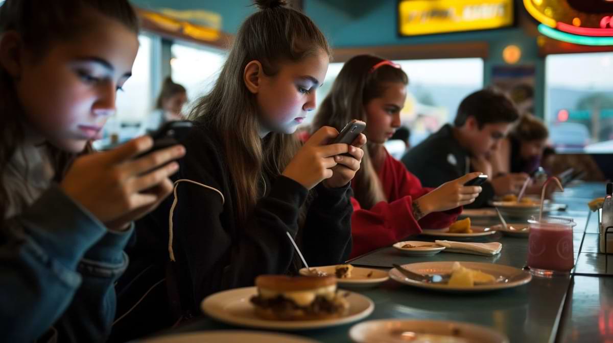 jugendliche schulkinder am esstisch mit smartphone in der hand.jpg