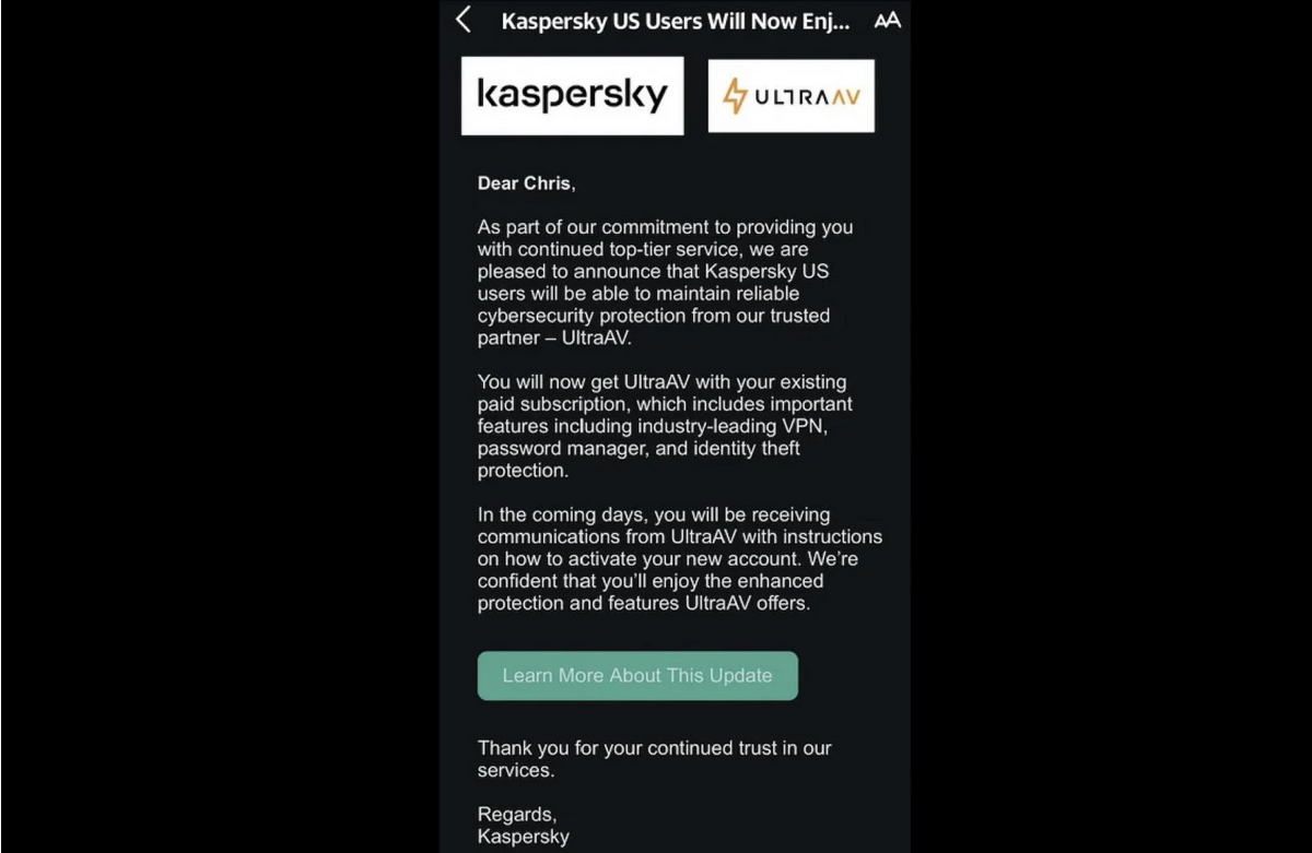 Kaspersky deletes itself installs UltraAV antivirus without warning.png