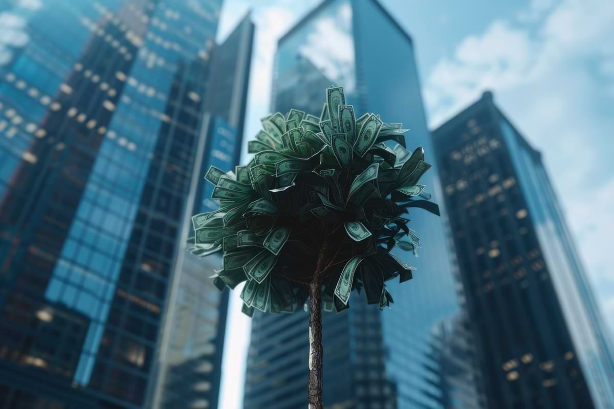 stadt hochhaus geldbaum blätter aus geldscheinen.jpg