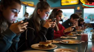 jugendliche schulkinder am esstisch mit smartphone in der hand.jpg