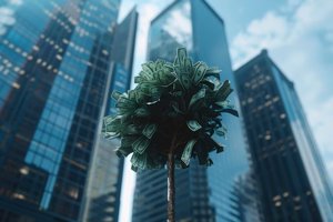 stadt hochhaus geldbaum blätter aus geldscheinen.jpg